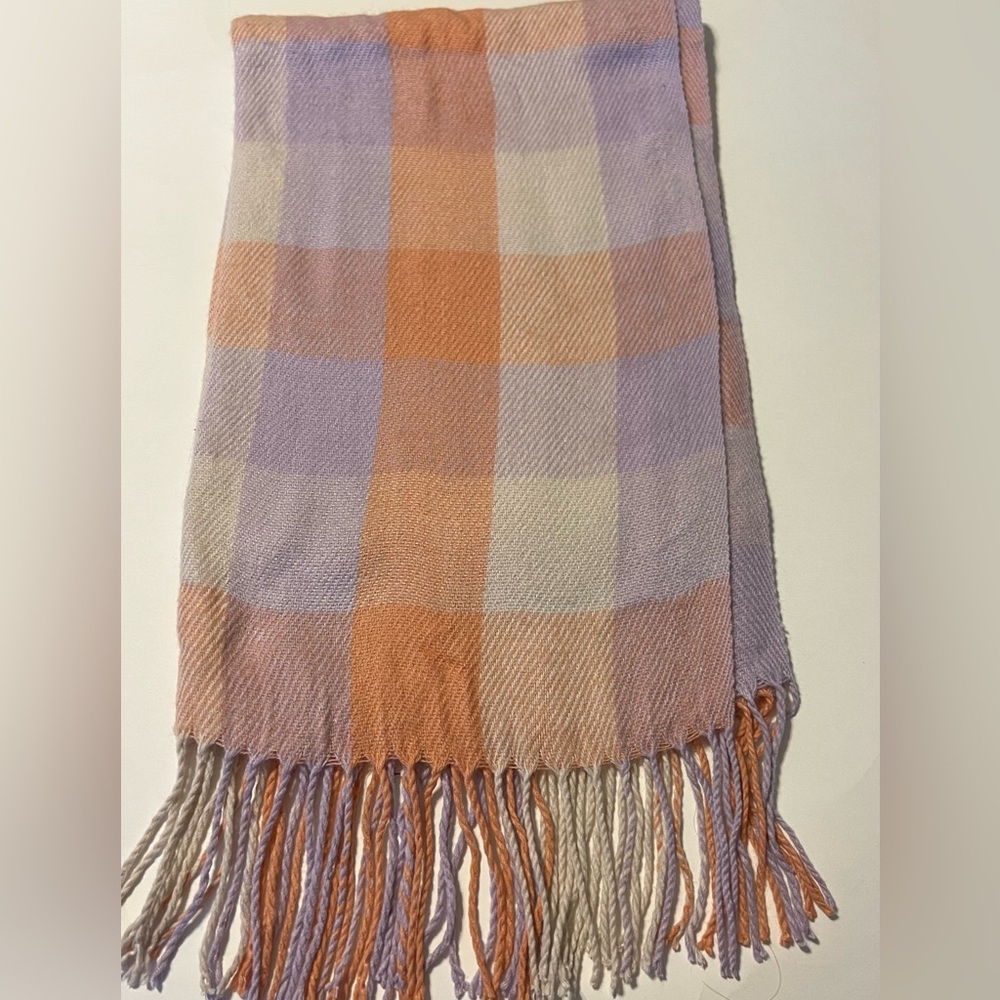 Cream purple orange plaid cold weather scarf with fringe 3 for $20